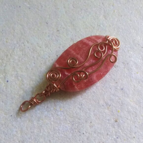 Copper Wire Wrapped Rhodochrosite Pendant! Self Love Femininity Watermelon Pink - Picture 2 of 8